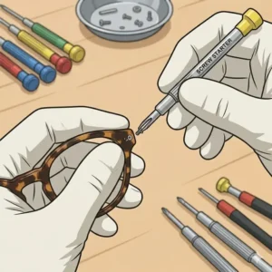 Using a screw starter tool to hold tiny screws, simplifying difficult tools for glasses repairs.