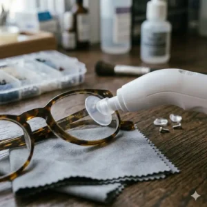 Microfiber cloth and lens cleaning solution kept alongside professional spectacle repair tools