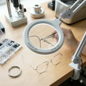 An LED magnifying lamp providing clear visibility for delicate tasks using eyeglass repair tools on small hardware.