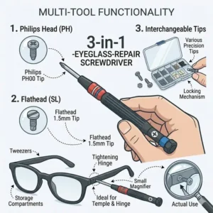 Demonstrating the 3-in-1 multi-tool functionality of the best eyeglass repair kit on sunglasses.