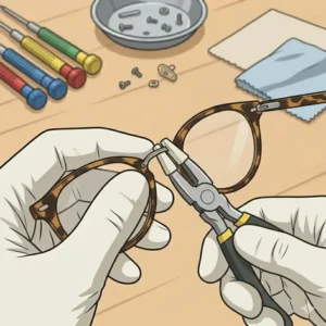 A diagram illustrating frame bridge adjustments using specific tools for glasses repairs.