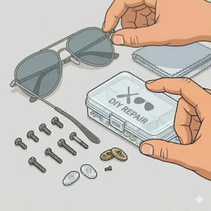 An easy-to-follow graphic showing a person performing a DIY repair with a sunglasses fix kit.