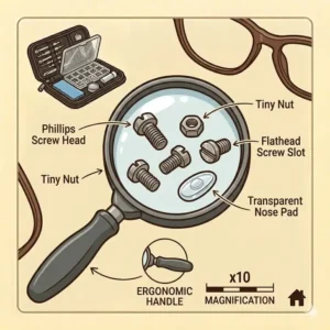 An eyeglass tool kit accessory set including a high-power magnifying glass for viewing small hardware.