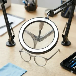 An LED magnifying lamp provides better visibility among the tools to fix glasses for delicate repairs.