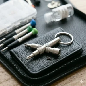 A 3-in-1 portable keychain screwdriver, part of a compact spectacle tool kit for travel.