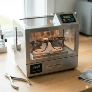A professional frame warmer used to safely heat frames before using eyeglass repair tools to adjust the fit.