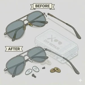 Before and after comparison of broken frames restored to perfect condition using a sunglasses fix kit.