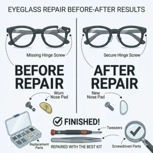 Comparison showing a broken pair of glasses fixed perfectly with the best eyeglass repair kit.