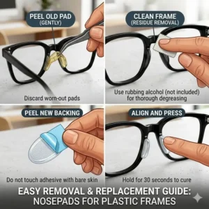 Easy guide for removing and replacing worn-out nosepads for plastic frames.