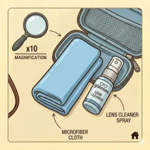 Maintenance supplies such as a microfiber cloth and lens cleaner often bundled with an eyeglass tool kit.