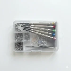 Compact and organized plastic storage box containing all components of a portable reading glasses repair kit.