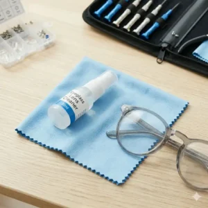 Microfiber cloth and lens cleaner are basic maintenance tools to fix glasses and keep lenses clear.