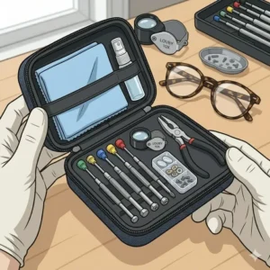A portable travel kit containing basic tools for glasses repairs, including a cloth and screwdrivers.