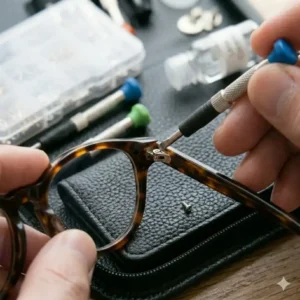 Using a small screwdriver from a spectacle tool kit to tighten a loose hinge on a pair of eyeglasses.