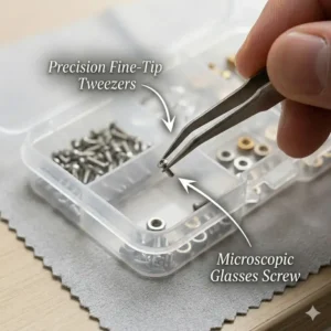 Using fine-tip tweezers to pick up a microscopic screw from a glasses screw repair kit.