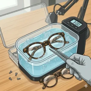 8: An ultrasonic cleaner machine shown cleaning frames, complementing the set of glasses repair tools.