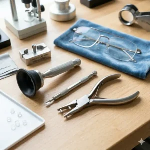 Specialized eyeglass repair tools including a lens suction cup and bushing cutter for assembling rimless eyewear.