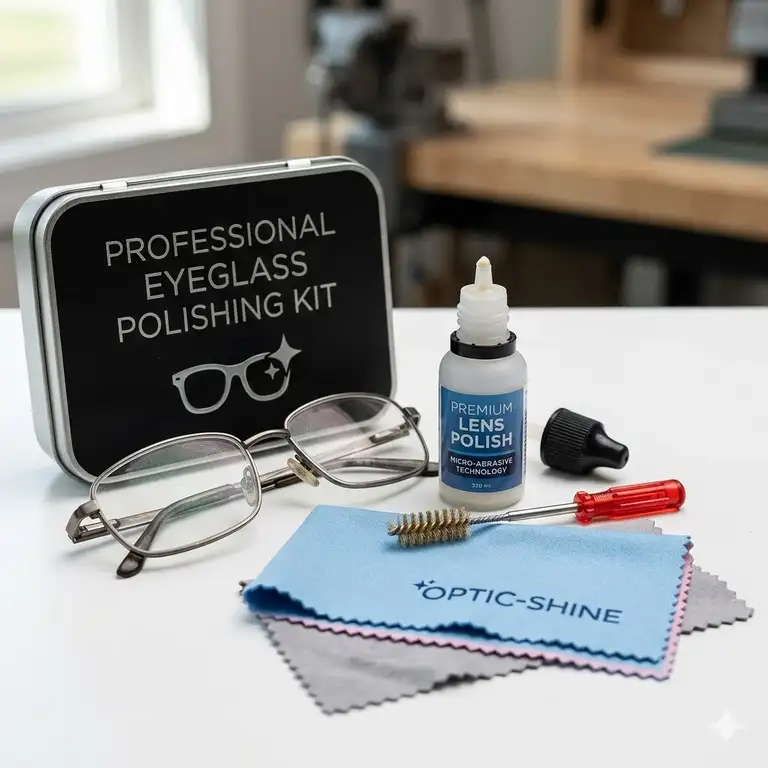 Professional eyeglass polishing kit with solution and microfiber cloths for lens care.