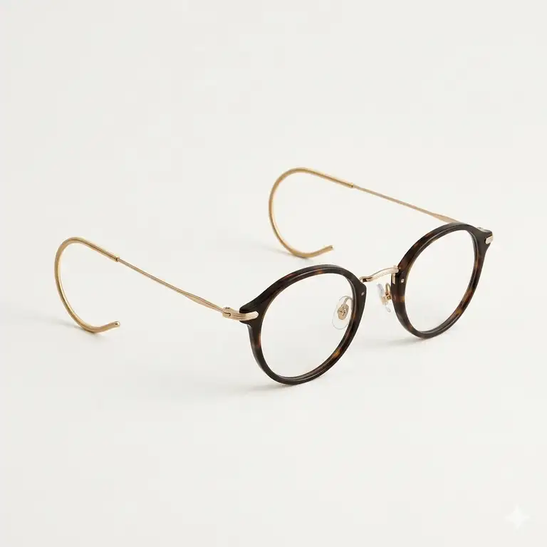 A pair of classic round eyeglasses featuring flexible gold cable temple glasses on a minimalist white background.