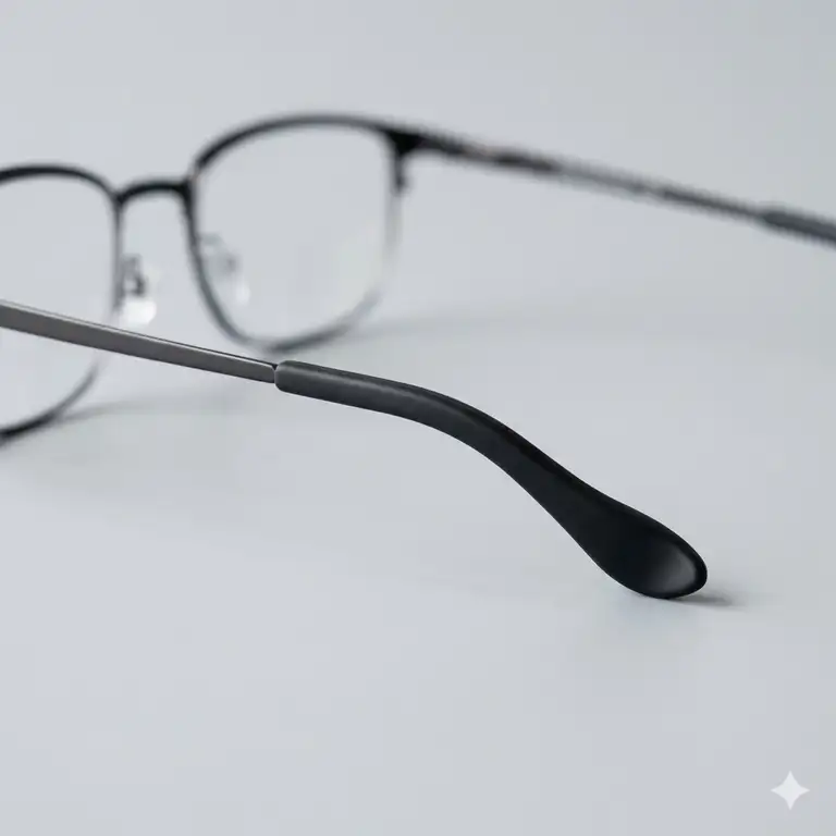 A close-up of premium silicone eyeglass temple tips installed on a pair of glasses for maximum ear comfort.