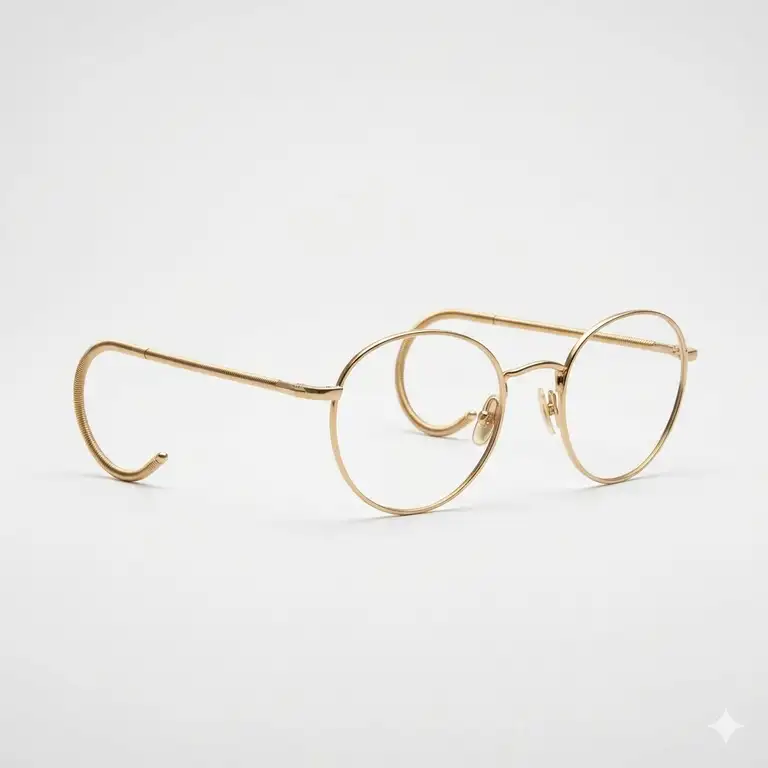 High-quality professional shot of round gold cable temple eyeglass frames on a clean white background.