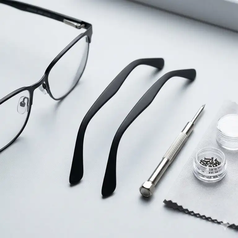 A complete kit featuring new replacement temple arms for glasses, a screwdriver, and screws.