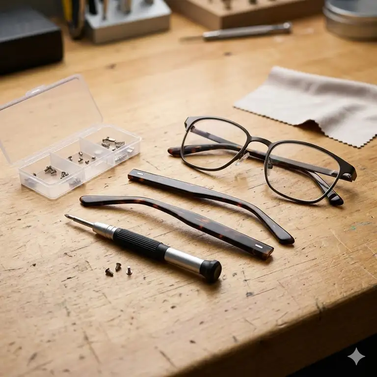 A professional workspace showing high-quality replacement temples for glasses next to a repair kit and frames.
