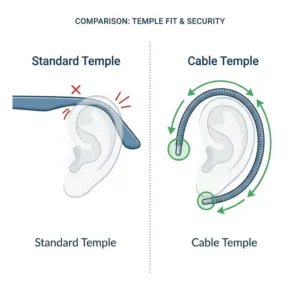 Side-by-side comparison between standard temples and secure fit cable temple eyeglass frames.