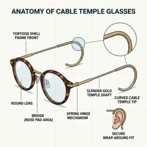 Detailed anatomy diagram showing the components and wrap-around design of cable temple glasses.