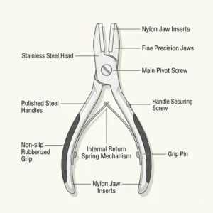 An intricate anatomical diagram illustrating the detailed parts of professional-grade eyeglass pliers.