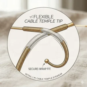 Close-up detail of the secure hook mechanism on a pair of cable temple eyeglasses.