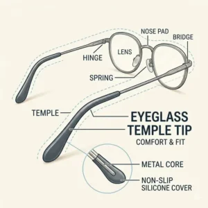 An anatomical diagram showing the exact location of eyeglass temple tips on the frame arms.