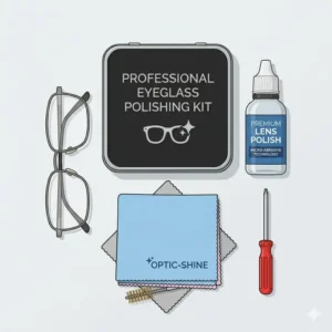 A top-down view of a complete eyeglass polishing kit organized on a clean surface.