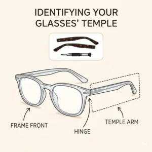 An educational diagram identifying the specific location of replacement temples for glasses on a standard frame.