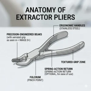 Illustration 1: Detailed anatomical diagram showing the different parts of professional extractor pliers.