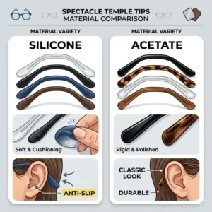 A comparison chart showing silicone and acetate spectacle temple tips in various styles.