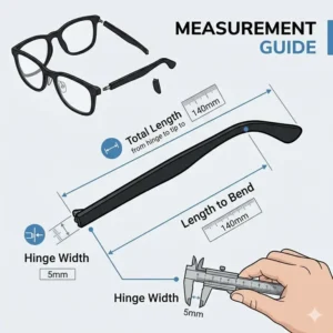 An infographic illustrating how to measure existing frames before ordering replacement temple arms for glasses.