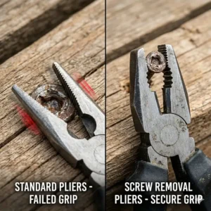 Close-up illustration of specialized vertical and horizontal serrations inside the jaws of screw removal pliers.