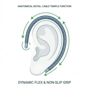 A person hiking outdoors wearing reliable cable temple eyeglass frames that stay in place during movement.