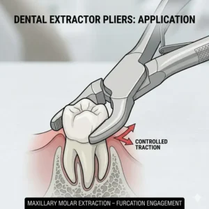 Illustration 2: Clinical illustration of dental extractor pliers being used for a tooth extraction procedure.