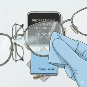 Using the spray from an eyeglass polishing kit to clean smudges off spectacle frames.