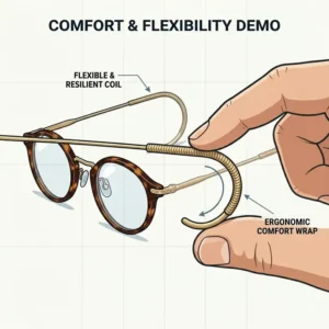 A close-up illustration demonstrating the flexibility and resilience of the coiled wire on cable temple glasses.