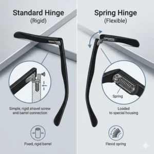 A comparison guide showing standard and spring hinges available for replacement temple arms for glasses.