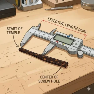 A technical illustration showing how to accurately measure the length for new replacement temples for glasses.