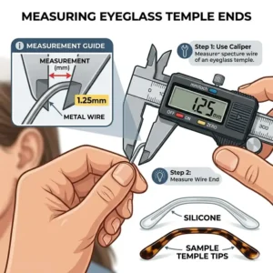 Educational graphic showing how to accurately measure frames for new spectacle temple tips.