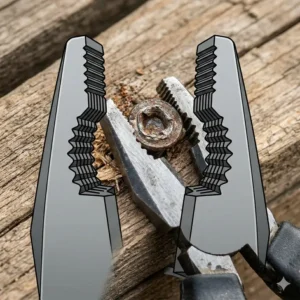 Illustration showing how to use screw removal pliers to grip the rim of a rusted screw head in wood.