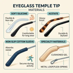 A comparison chart of different materials used for eyeglass temple tips such as acetate, silicone, and cotton.