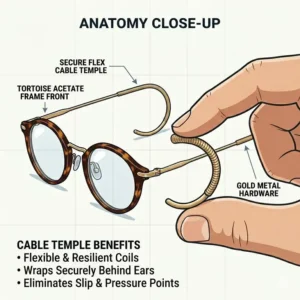 Illustration of a person jogging to show the secure non-slip fit provided by cable temple glasses during activities.