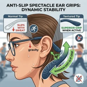 Demonstration of anti-slip spectacle temple tips providing superior grip during physical activities.