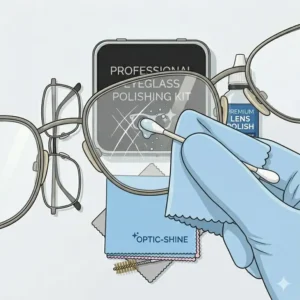 Applying repair paste from an eyeglass polishing kit to remove minor scratches from lenses.